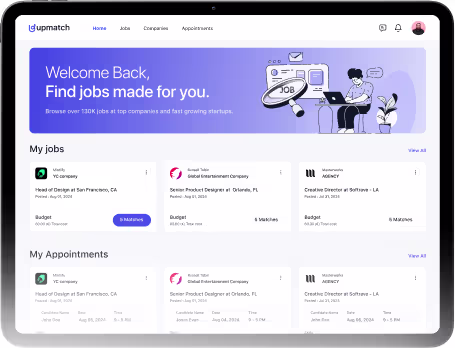OrbitVex. web design overview for Upmatch showing job visibility and application tracking interface for recruitment platform