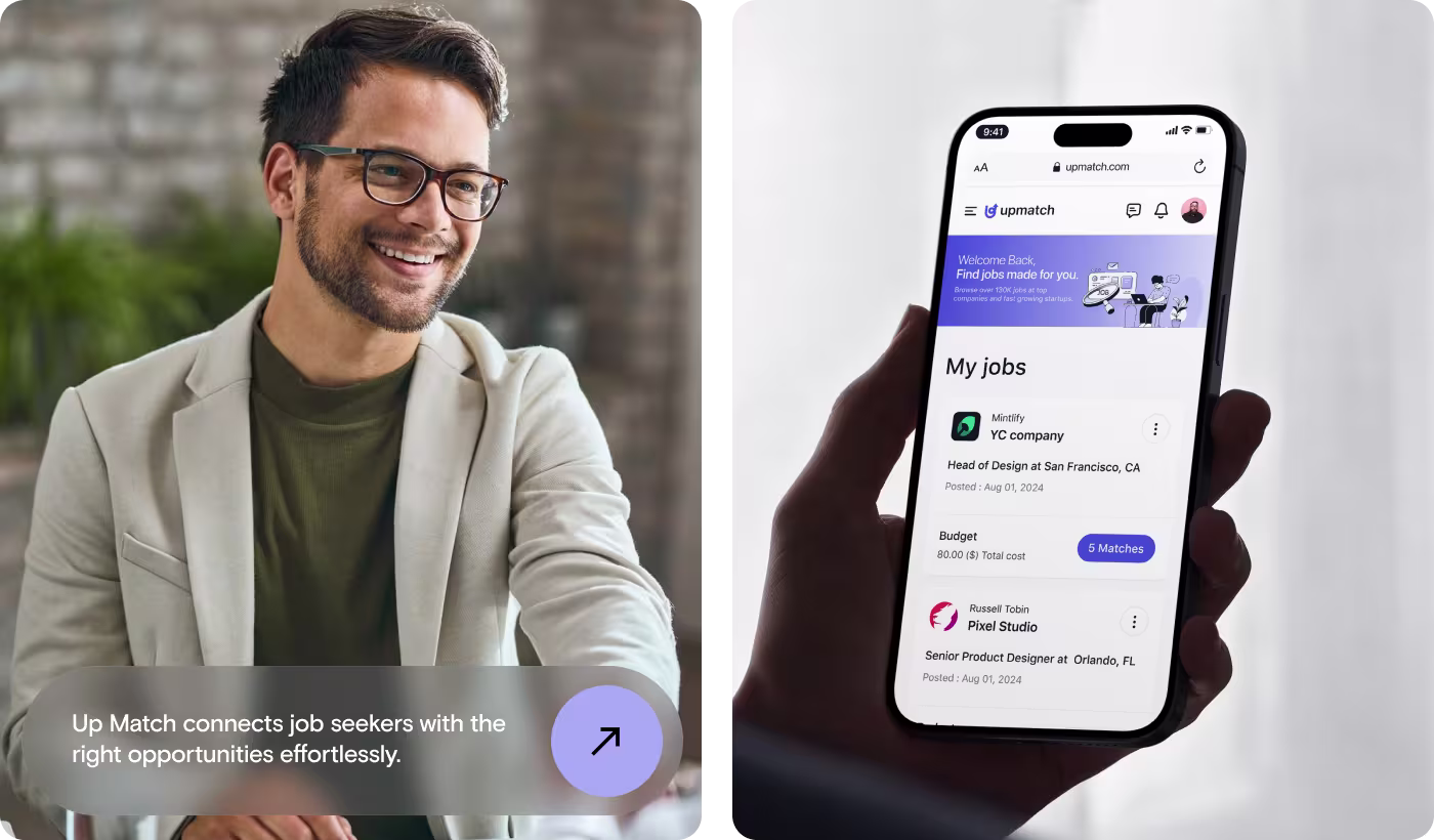 Job recruiting Website Upmatch hiring flow design by OrbitVex. showing simplified job browsing, candidate tracking, and dashboard action screens