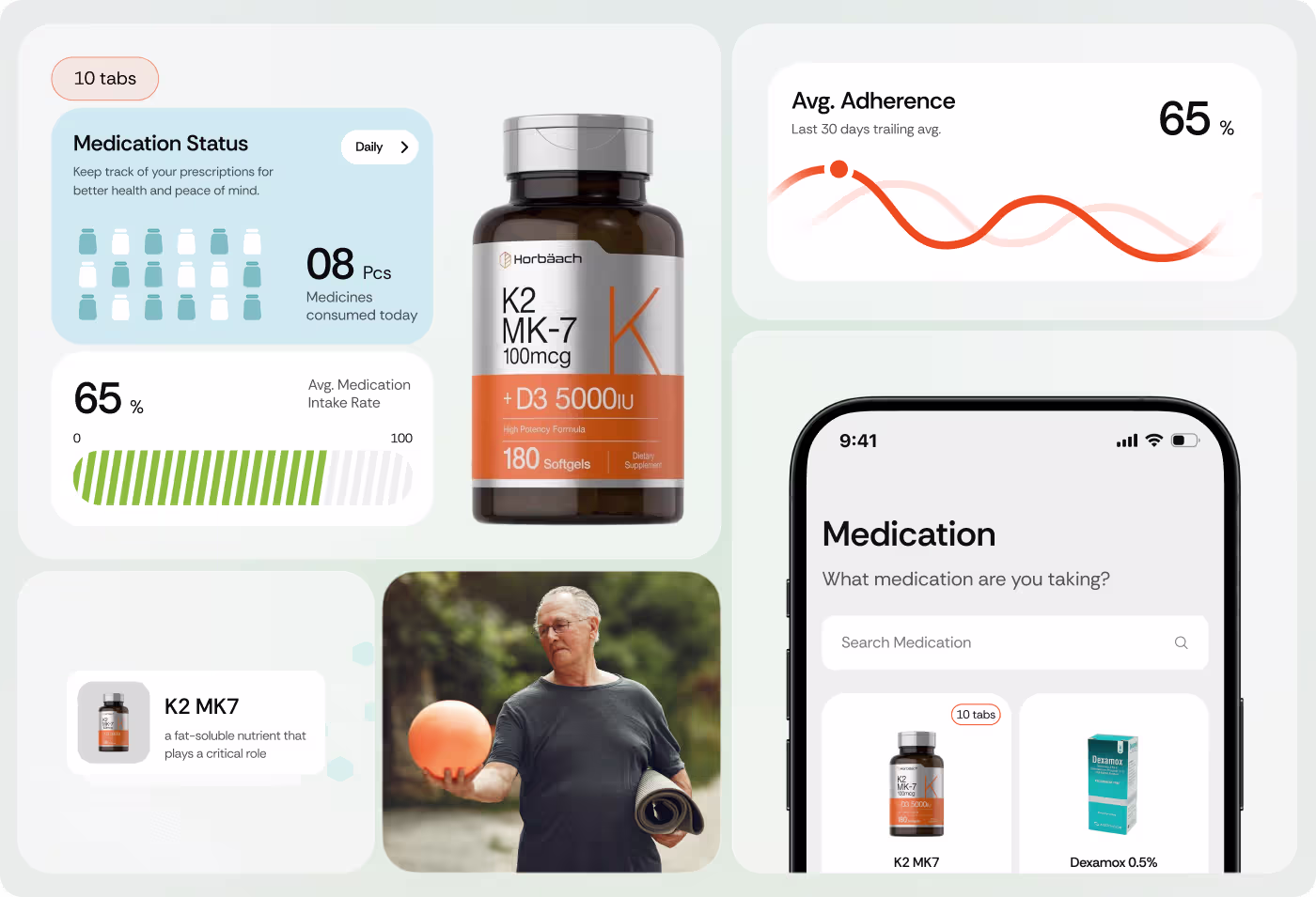 WellNest app screens by OrbitVex. featuring health trend charts and progress tracking for senior healthcare management