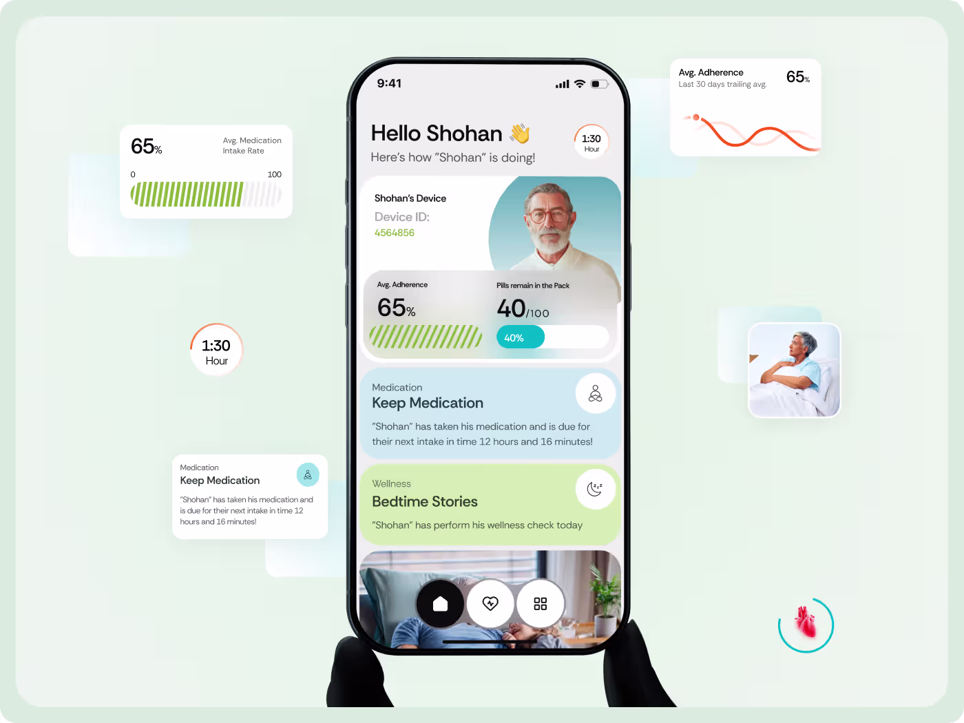 WellNest app screens designed by OrbitVex. displaying medication reminder and daily task interface for elderly patients