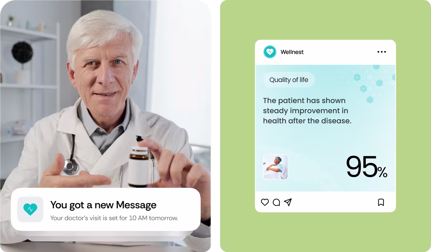 OrbitVex. caregiver view design for WellNest showing quick progress, adherence, and patient status checking interface