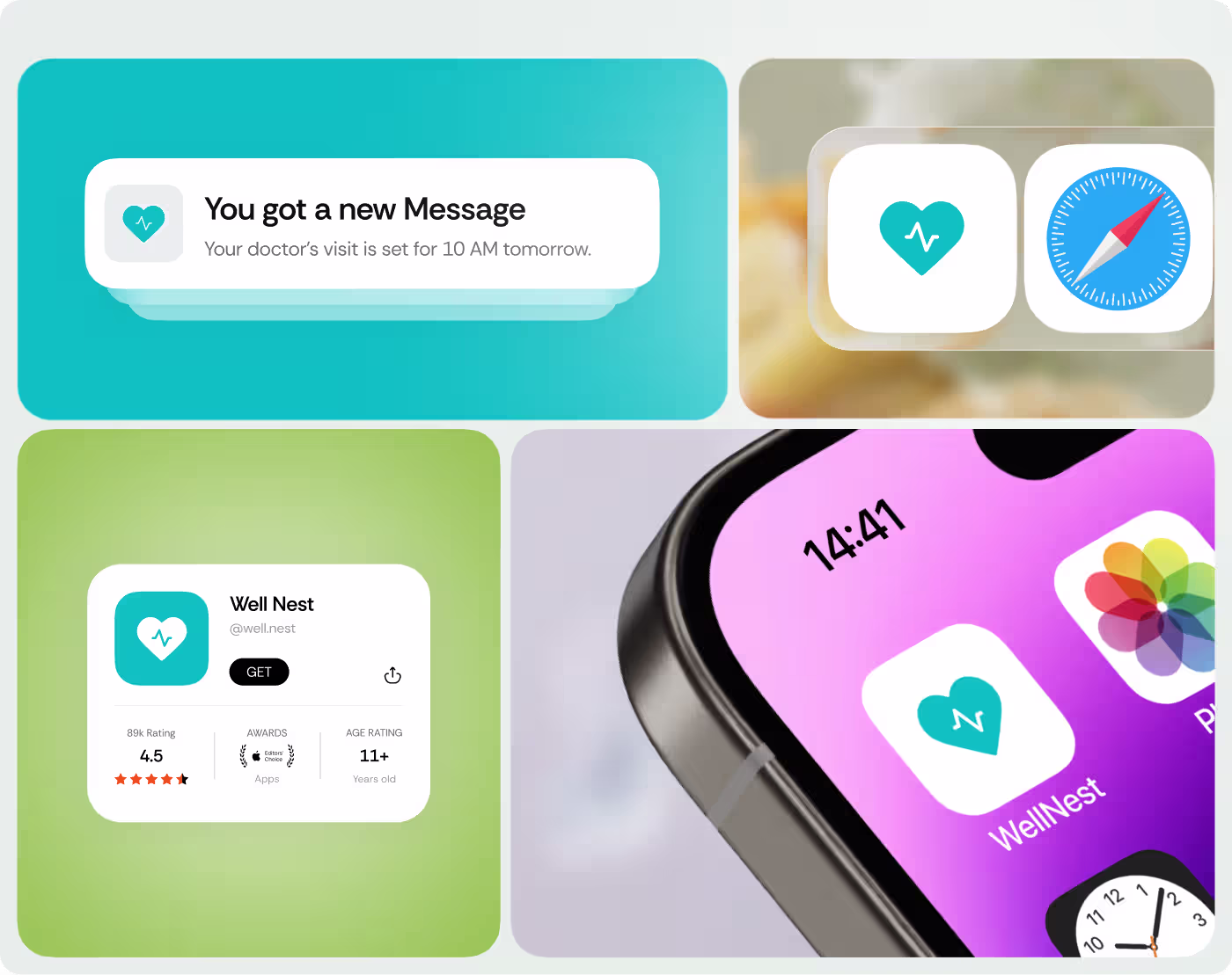 OrbitVex. design process for WellNest showing pain point identification and screen simplification stages for senior users