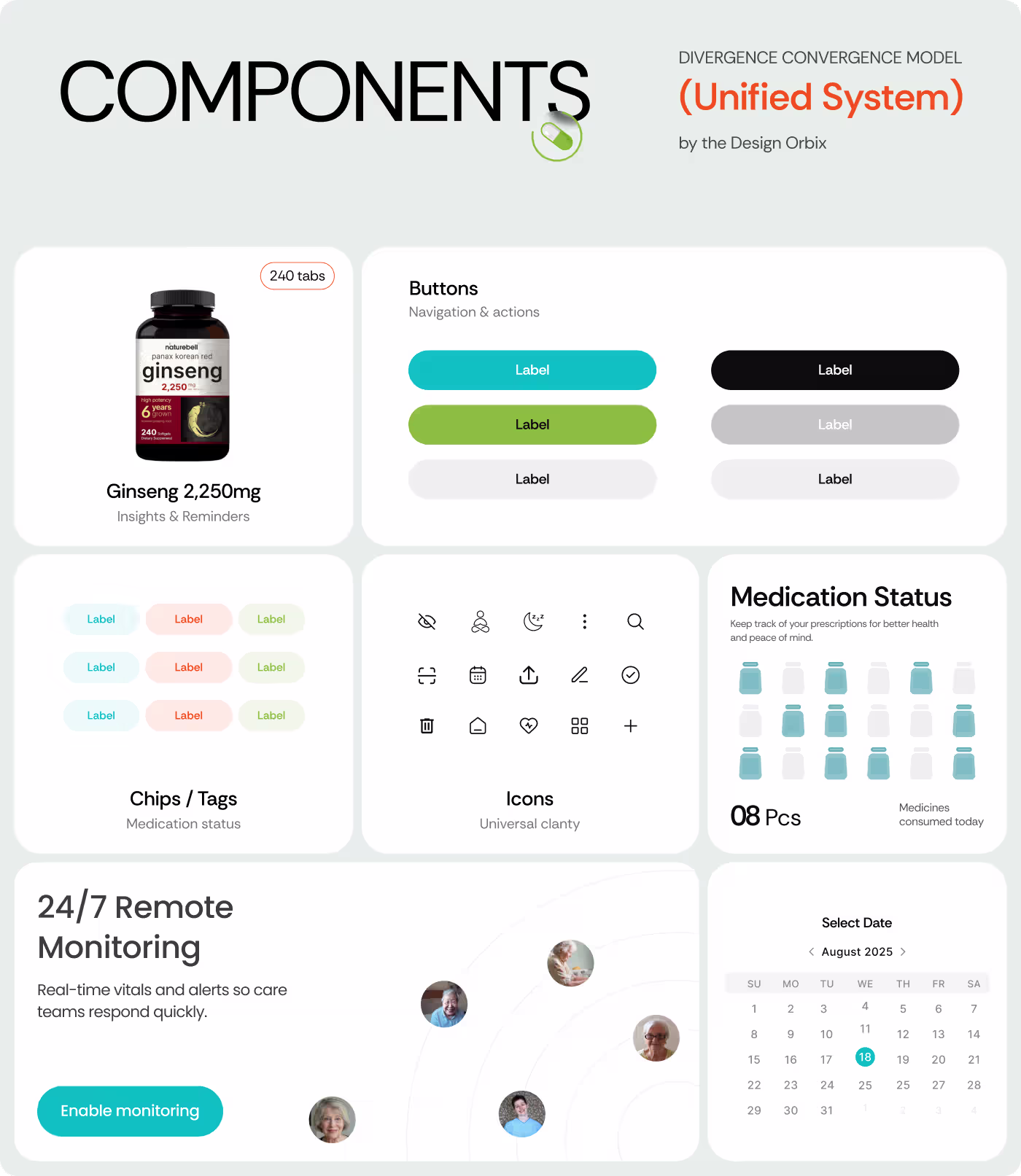 WellNest simplified navigation by OrbitVex. showing streamlined path to medication and health monitoring actions