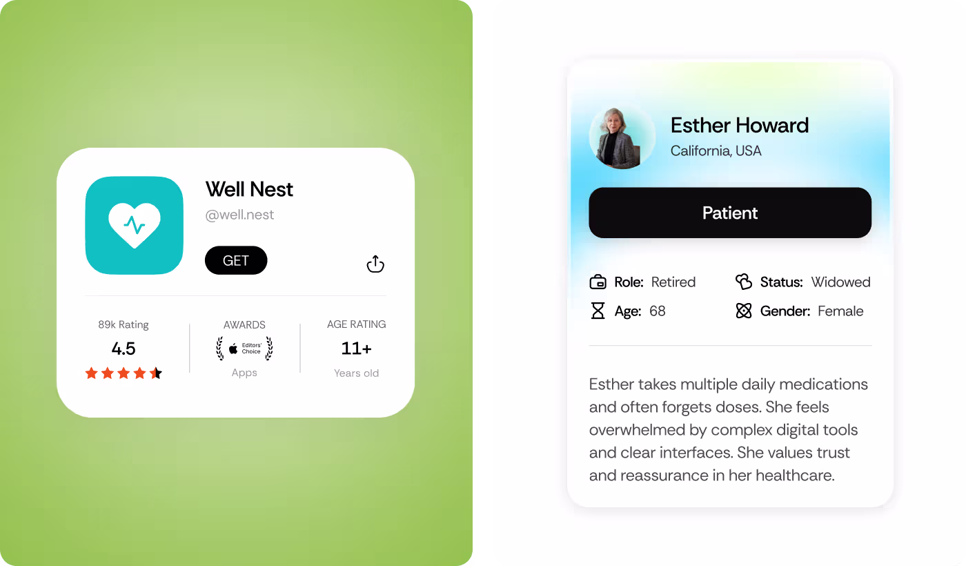 OrbitVex. healthcare app design preview for WellNest showing supportive, non-clinical interface for daily medication guidance