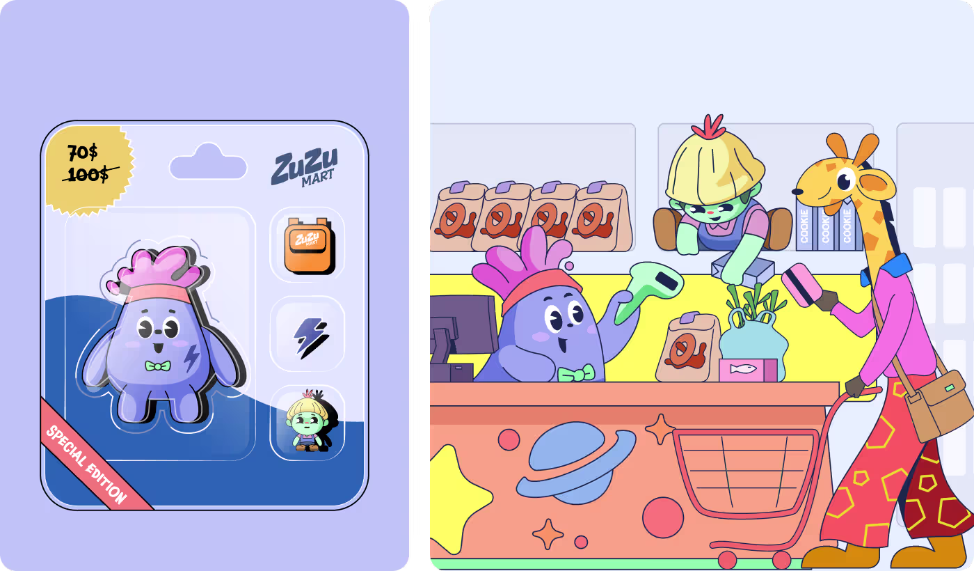 Vibrant ZuZu Mart character universe with playful anthropomorphic mascots and storytelling by OrbitVex.