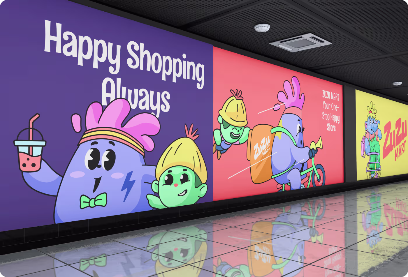 ZuZu Mart subway station wall mural and large-scale environmental branding mockup by OrbitVex.