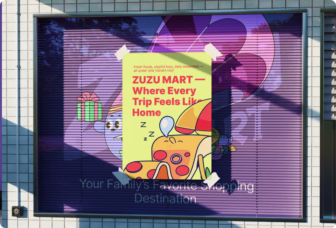 ZuZu Mart Behance-featured purple blue retail mockup and large-scale branding by OrbitVex.
