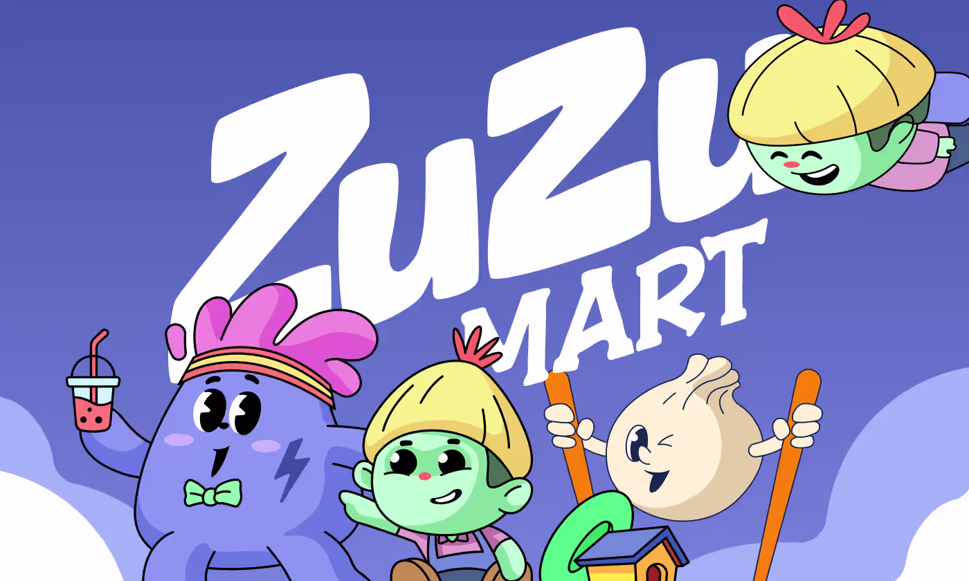 ZuZu Mart grocery retail brand case study banner featuring hero character universe by OrbitVex.