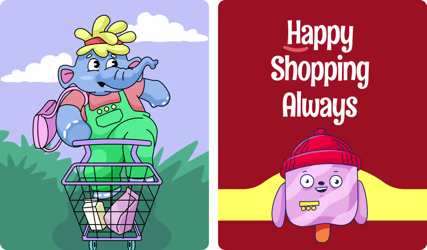 ZuZu Mart anthropomorphic food mascot cast including Glazie donut, Steako steak character design by OrbitVex.