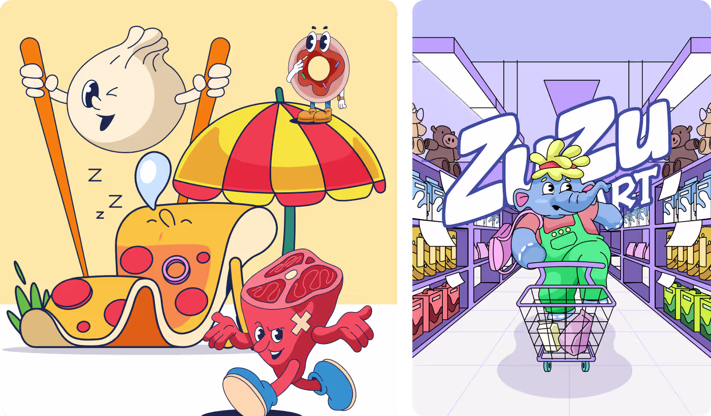 ZuZu Mart high-energy storytelling scenes showing characters in retail shopping scenarios by OrbitVex.