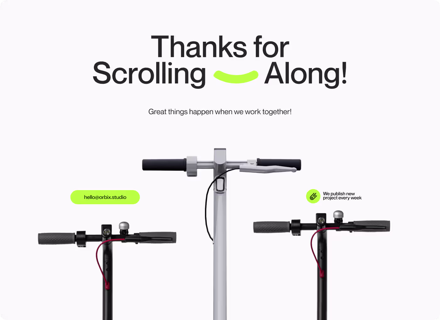 visual systemZypo electric bike closing brand visual by OrbitVex. showing scooter handlebar details in black, silver, and grey with lime green accent branding and contact information